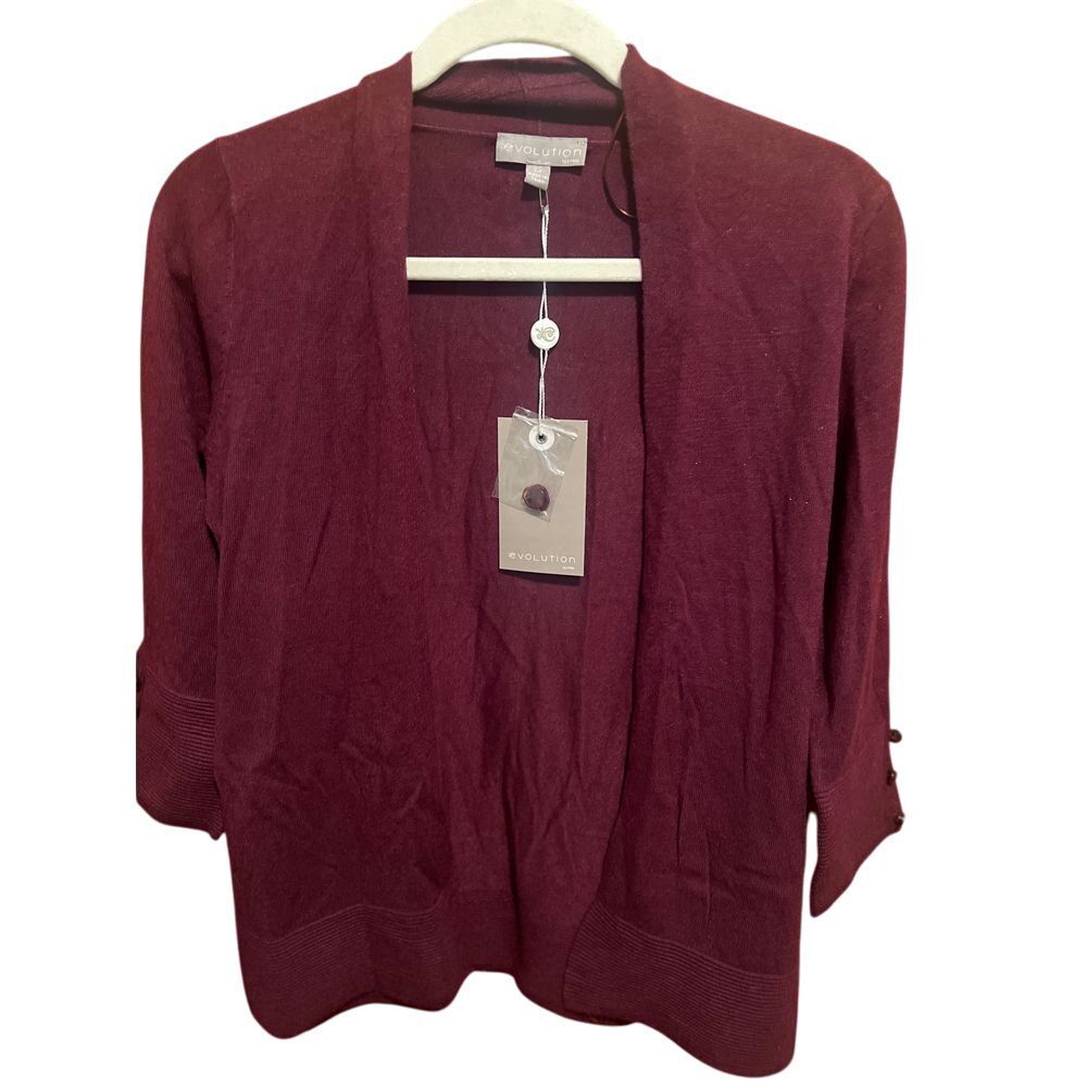 Evolution‎ Burgundy Open Front Cardigan Ribbed Detail 3/4 Sleeve Sweater XS